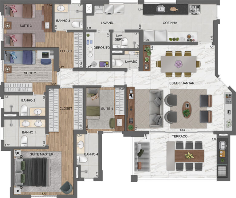 PLANTA OPÇÃO DO APTO. DE 112 M² COM SUGESTÃO DE DECORAÇÃO - TORRE D - FINAL 4