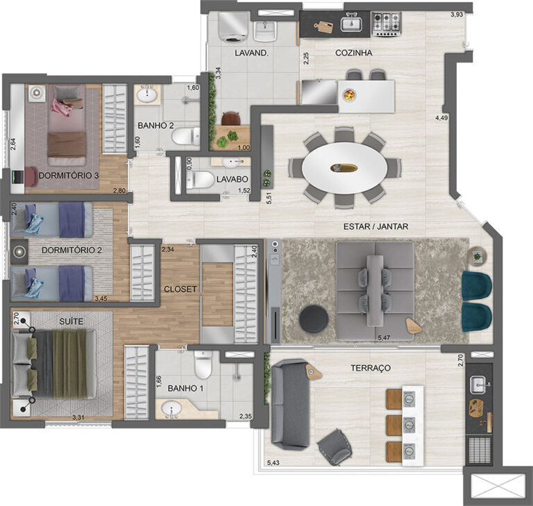 PLANTA TIPO DO APTO. DE 152 M² COM SUGESTÃO DE DECORAÇÃO - TORRE B - FINAL 2