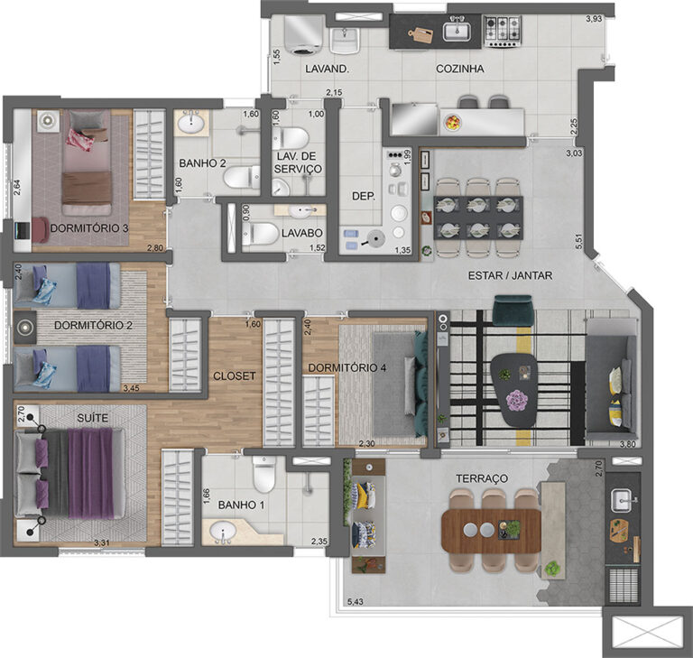 PLANTA OPÇÃO DO APTO. DE 152 M² COM SUGESTÃO DE DECORAÇÃO - TORRE B - FINAL 2