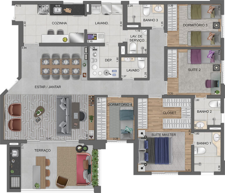 PLANTA OPÇÃO DO APTO. DE 132 M² COM SUGESTÃO DE DECORAÇÃO - TORRE D - FINAL 1