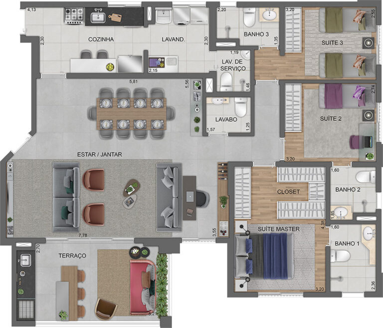 PLANTA TIPO DO APTO. DE 132 M² COM SUGESTÃO DE DECORAÇÃO - TORRE D - FINAL 1