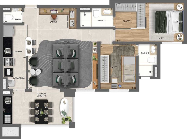 PLANTA OPÇÃO DO LIVING AMPLIADO DO APTO. DE 85 M² COM SUGESTÃO DE DECORAÇÃO - TORRE B - FINAL 4