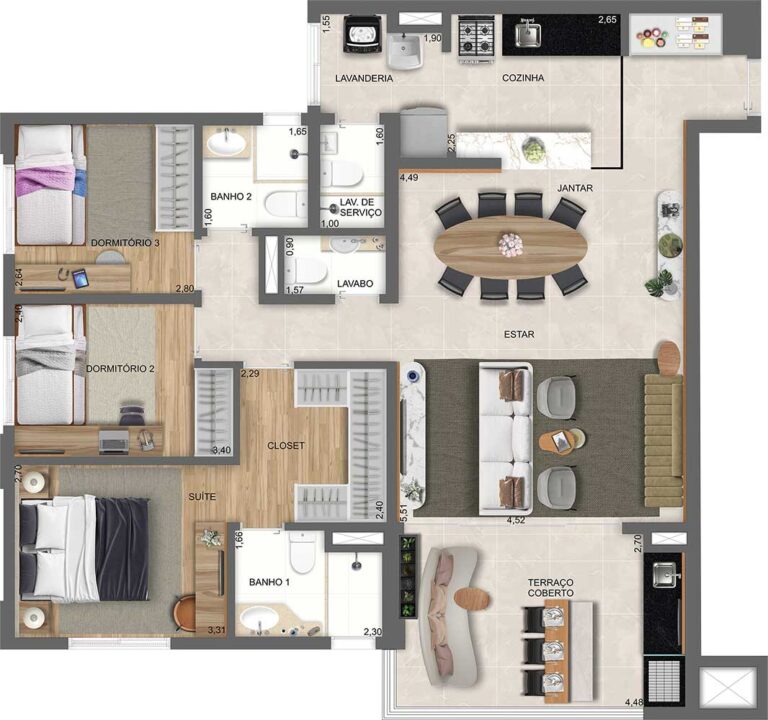 PLANTA OPÇÃO COM LIVING AMPLIADO DO APTO. DE 106 M² COM SUGESTÃO DE DECORAÇÃO - TORRE B - FINAL 3
