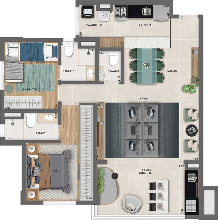 PLANTA OPÇÃO COM LIVING AMPLIADO DO APTO. DE 85 M² COM SUGESTÃO DE DECORAÇÃO - TORRE C - FINAL 7
