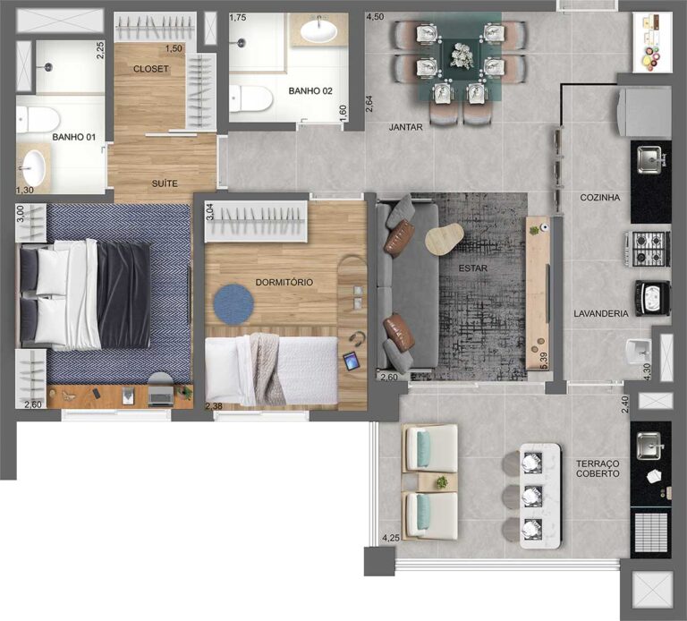 PLANTA TIPO DO APTO. DE 69 M² COM SUGESTÃO DE DECORAÇÃO - TORRE C - FINAL 5
