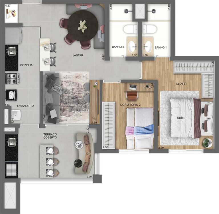 PLANTA TIPO DO APTO. DE 69 M² COM SUGESTÃO DE DECORAÇÃO - TORRE C - FINAL 6