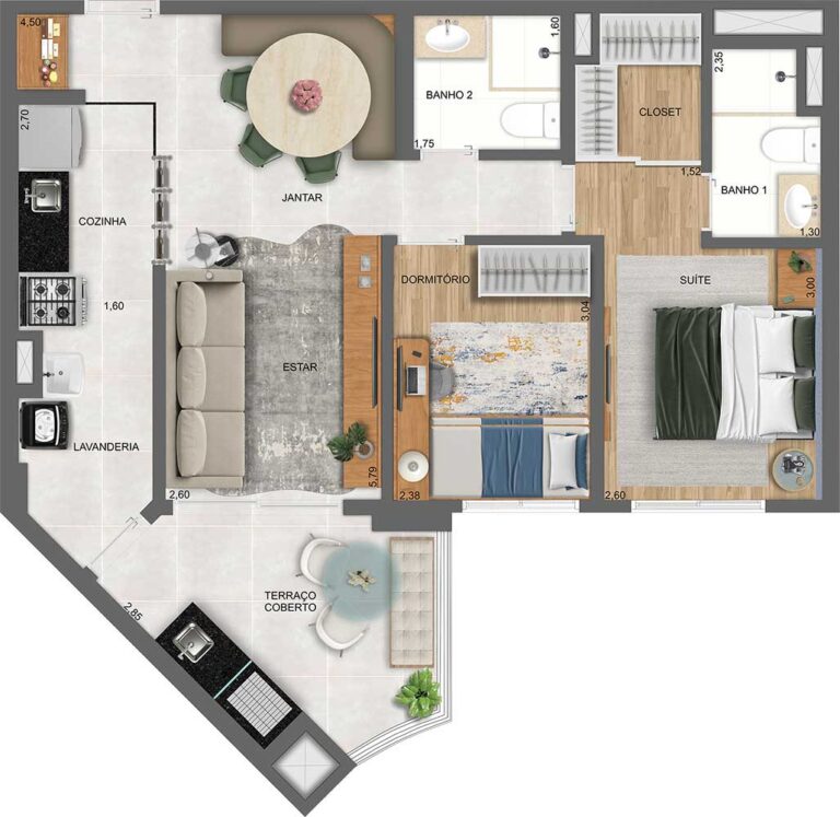 PLANTA TIPO DO APTO. DE 70 M² COM SUGESTÃO DE DECORAÇÃO - TORRE C - FINAL 3