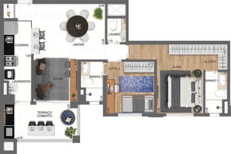 PLANTA TIPO DO APTO. DE 80 M² COM SUGESTÃO DE DECORAÇÃO - TORRE C - FINAL 4