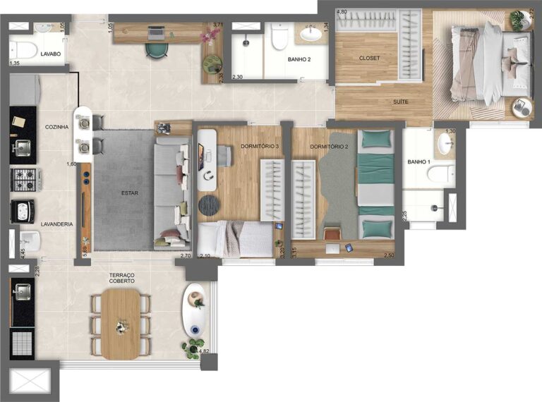 PLANTA TIPO COM LIVING DO APTO. DE 85 M² COM SUGESTÃO DE DECORAÇÃO - TORRE B - FINAL 4