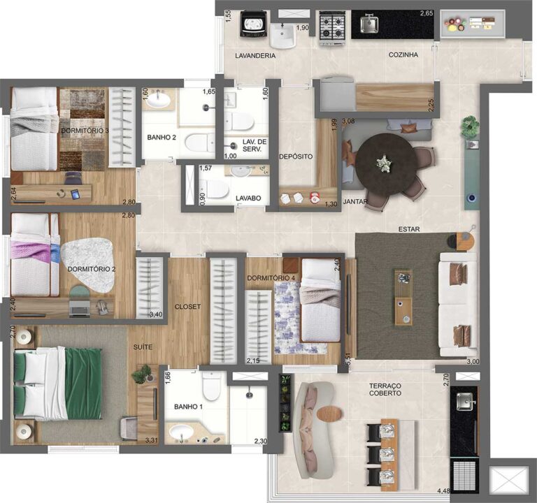 PLANTA TIPO COM LIVING DO APTO. DE 106 M² COM SUGESTÃO DE DECORAÇÃO - TORRE B - FINAL 3