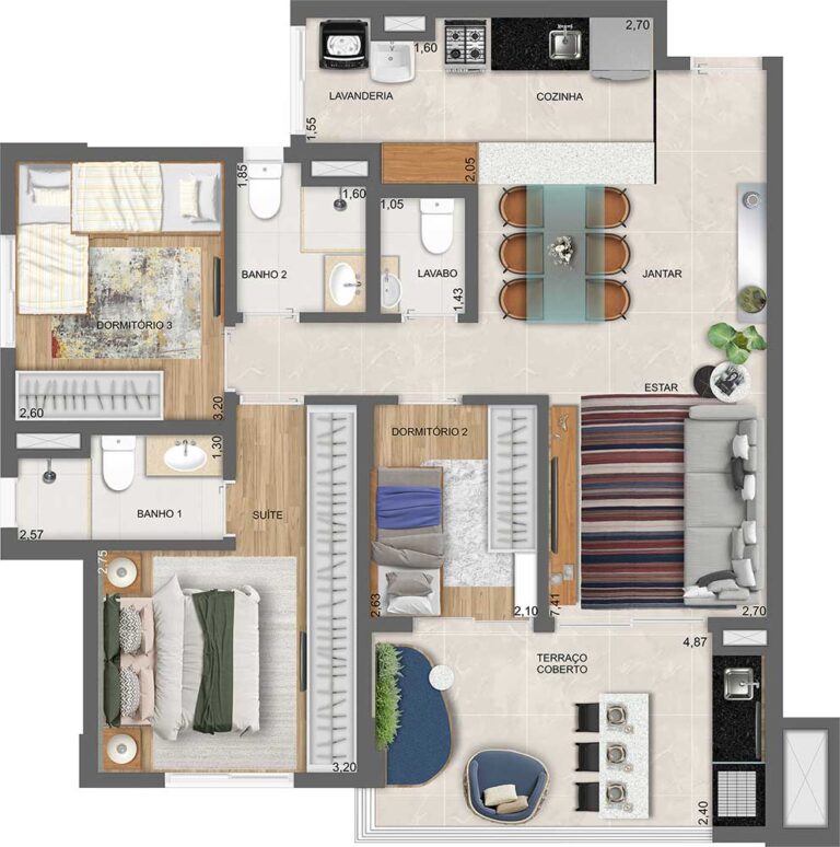 PLANTA TIPO COM LIVING DO APTO. DE 85 M² COM SUGESTÃO DE DECORAÇÃO - TORRE C - FINAL 7