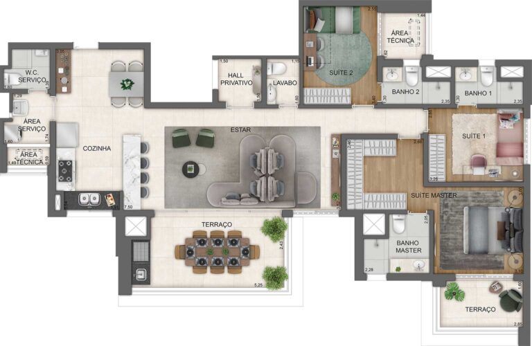 PLANTA OPÇÃO DO APTO. DE 138 M² COM SUGESTÃO DE DECORAÇÃO – FINAL 3