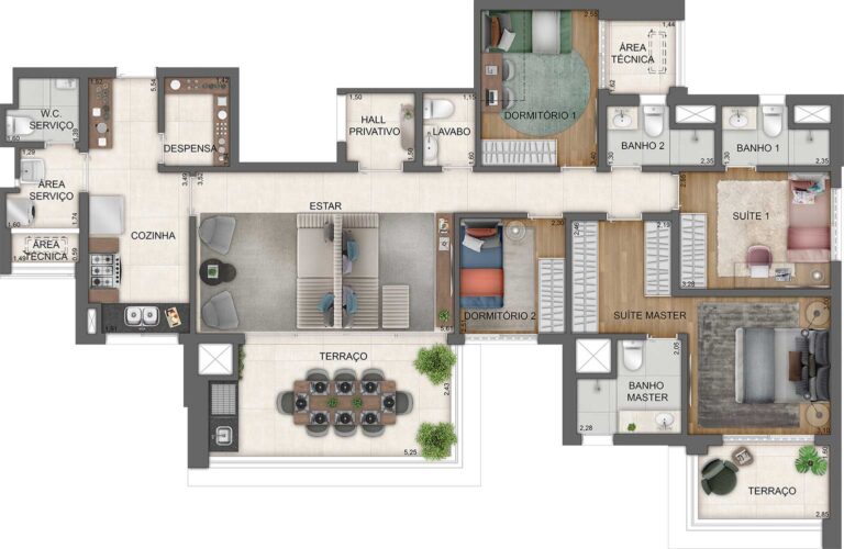 PLANTA TIPO DO APTO. DE 138 M² COM SUGESTÃO DE DECORAÇÃO - FINAL 3