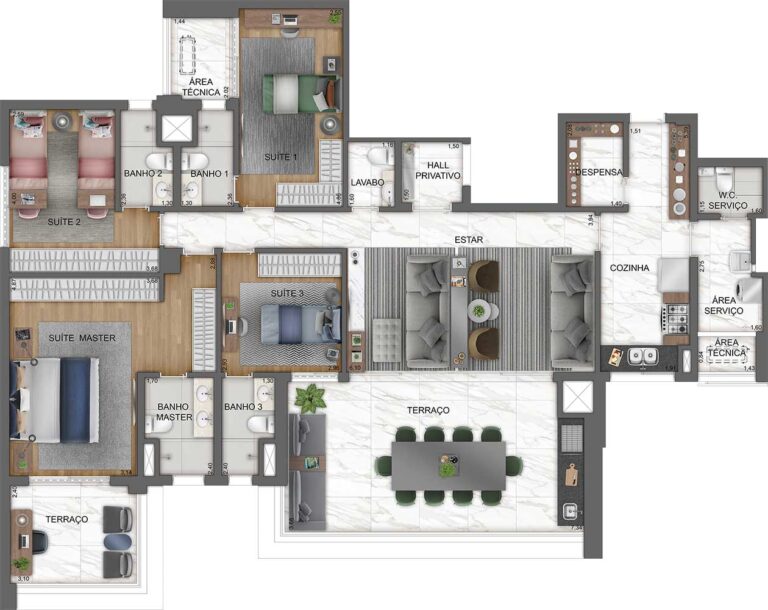 PLANTA TIPO DO APTO. DE 185 M² COM SUGESTÃO DE DECORAÇÃO - FINAL 1